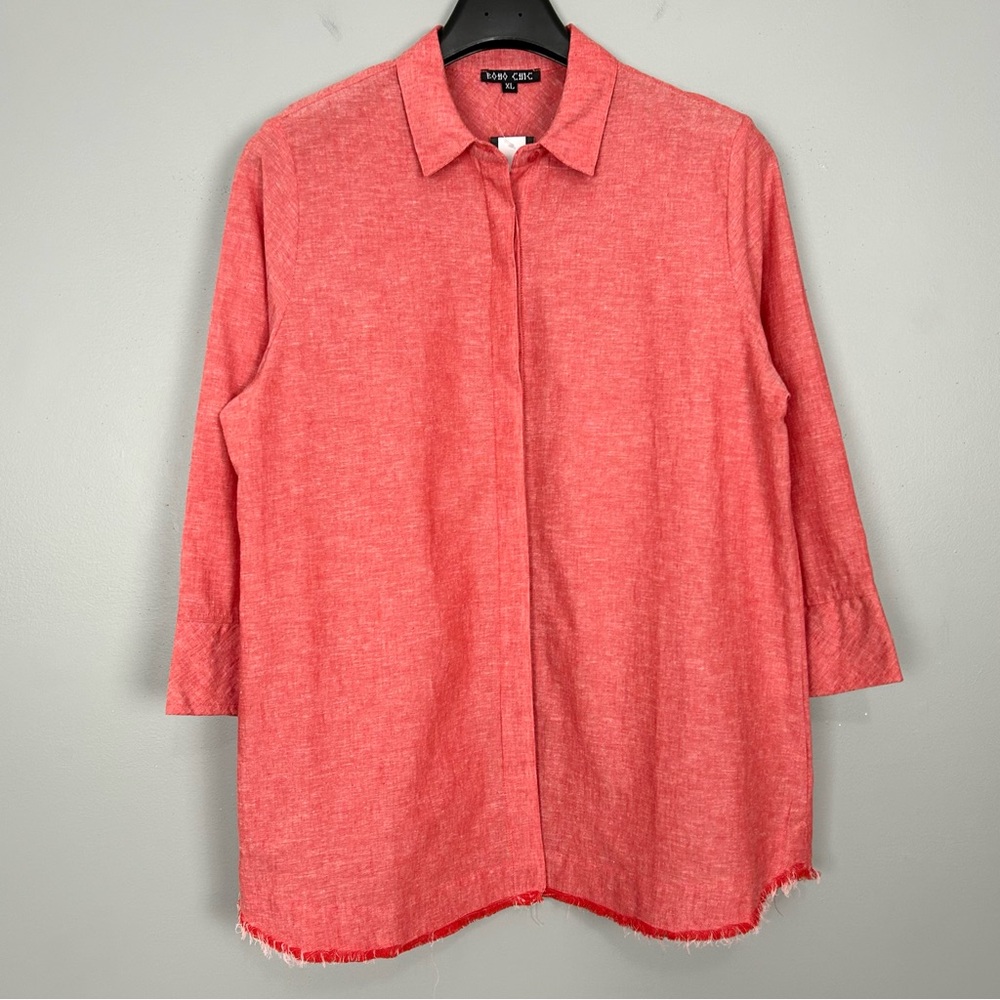Boho Chic Linen Blend Shirt Women’s Size XL Button Front Natural Fibers Raw Edge